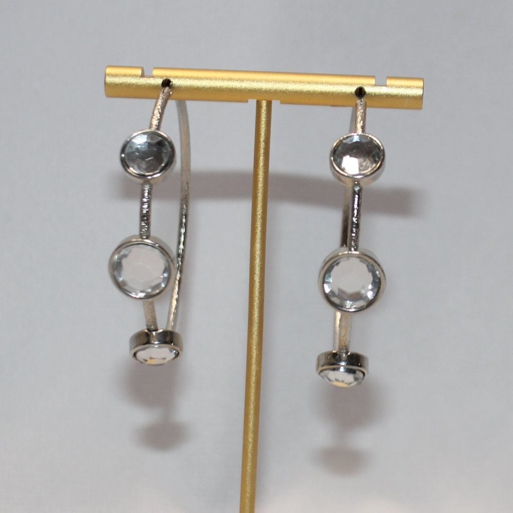 Large Silver Clear Glass Stone Hoop Earrings